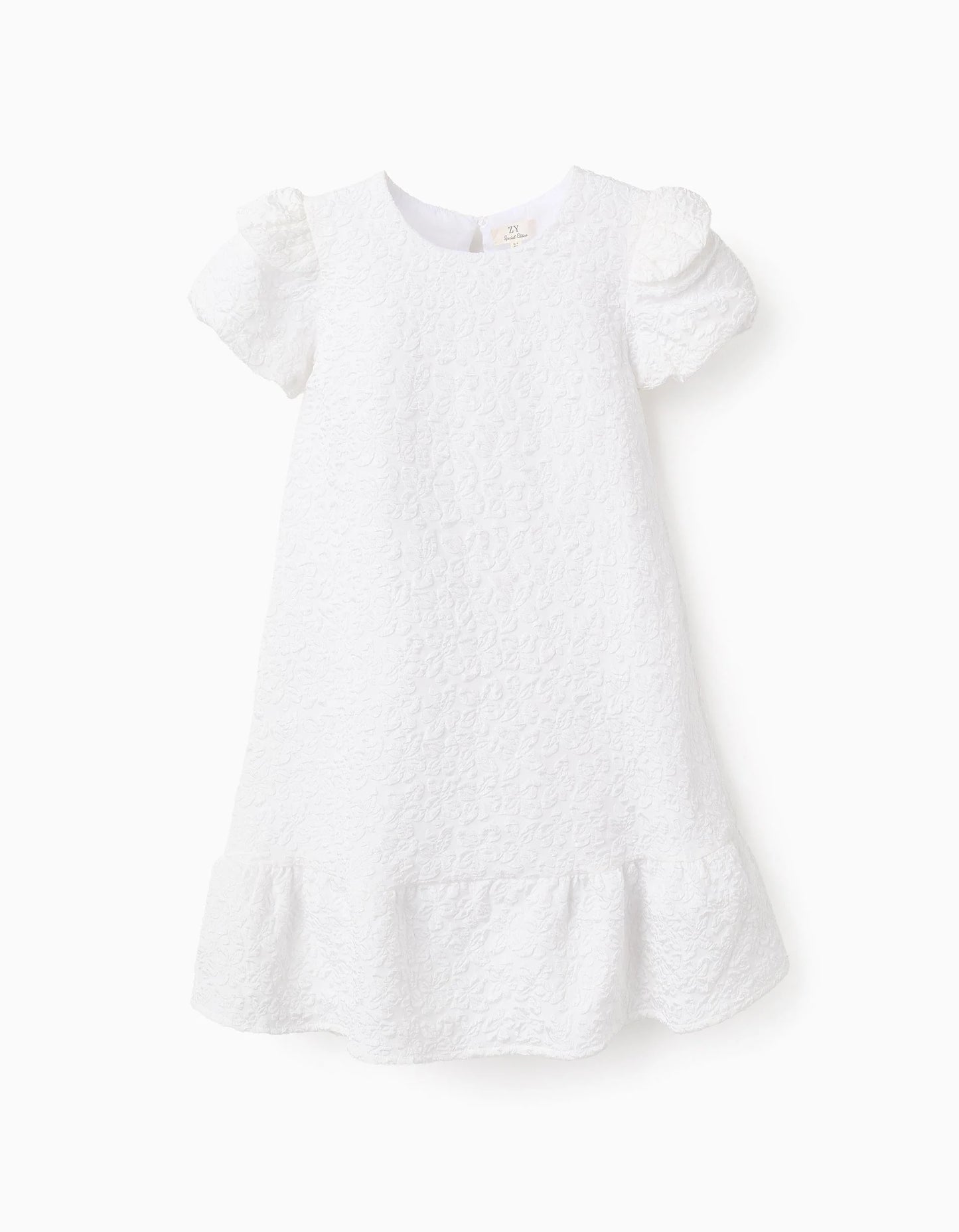 Dress with Floral Texture and Ruffles for Girls, White