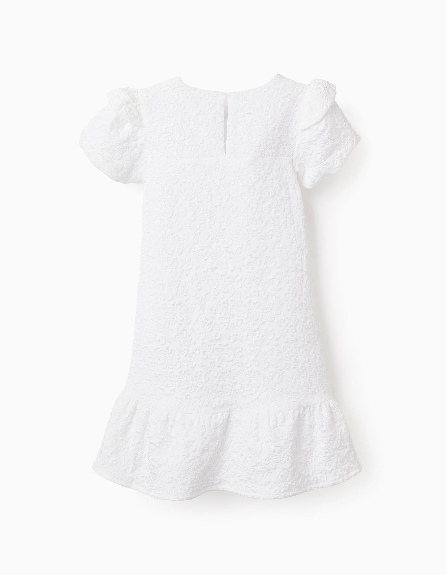 Dress with Floral Texture and Ruffles for Girls, White