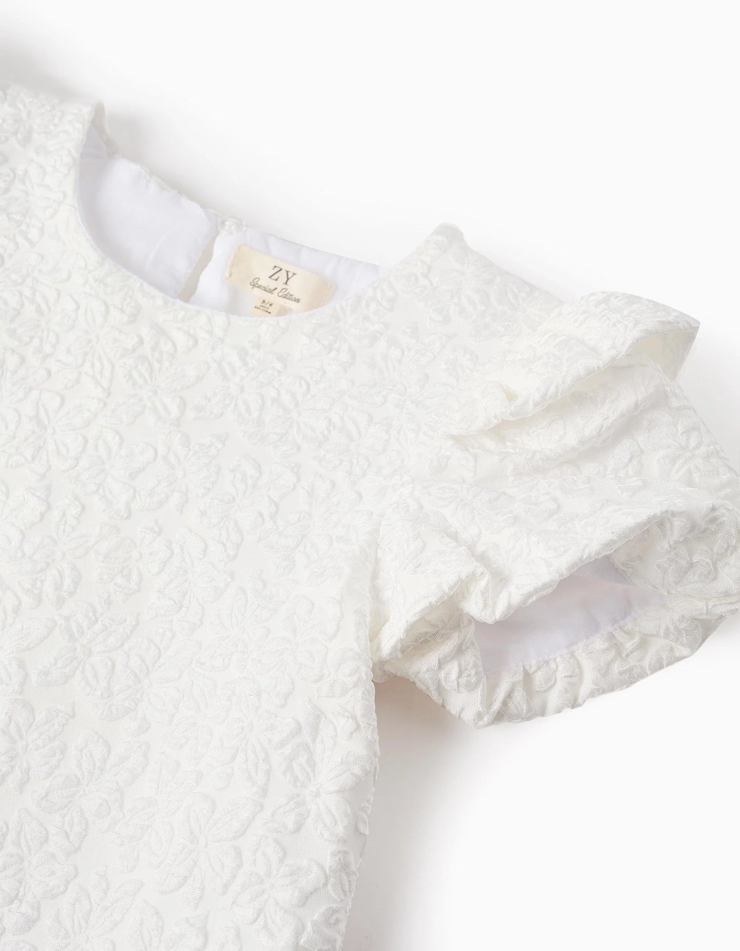 Dress with Floral Texture and Ruffles for Girls, White