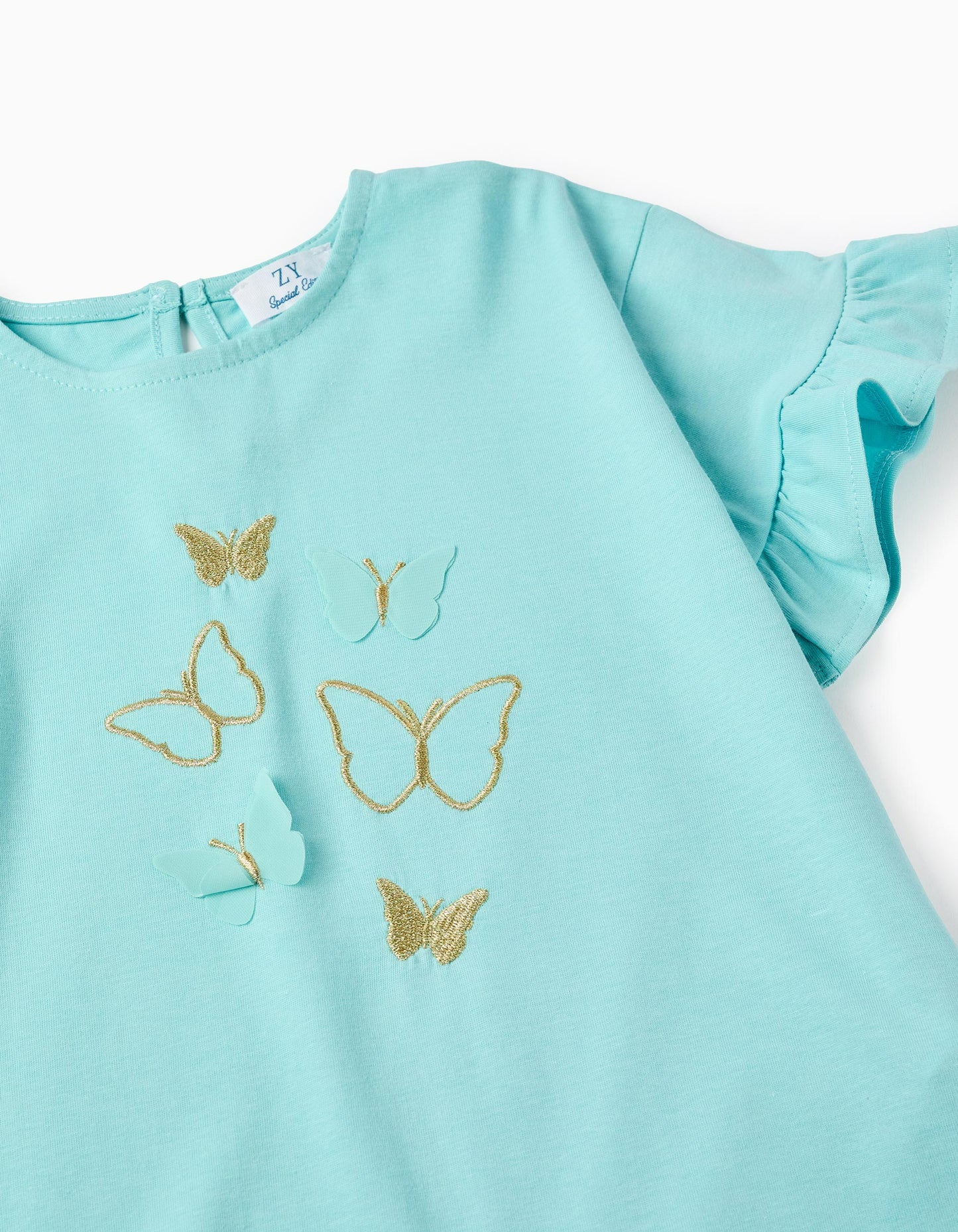 Cotton T-shirt with 3D Butterflies for Girls, Blue