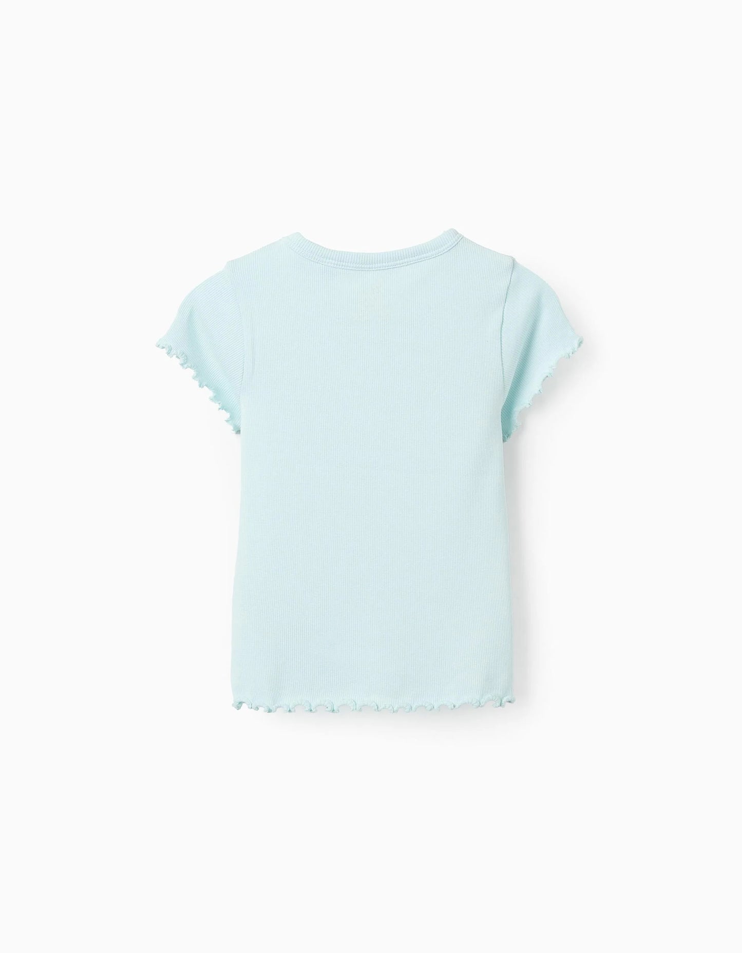Ribbed T-shirt with Flower Embroidery for Girls, Light Blue