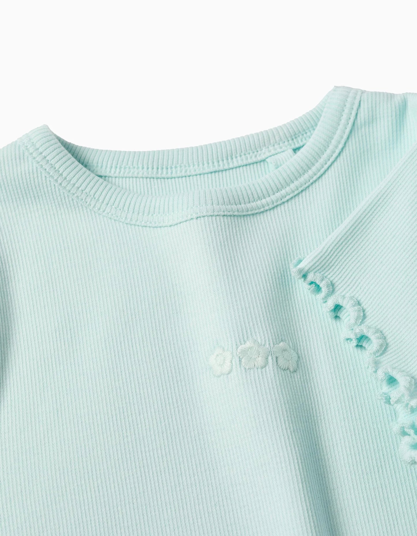 Ribbed T-shirt with Flower Embroidery for Girls, Light Blue