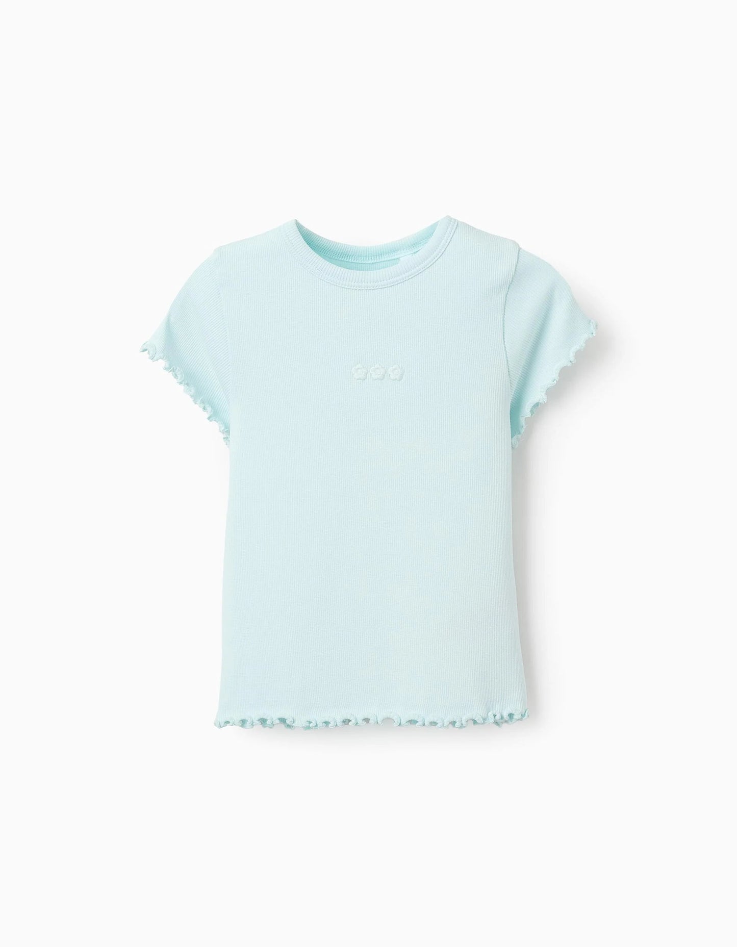 Ribbed T-shirt with Flower Embroidery for Girls, Light Blue