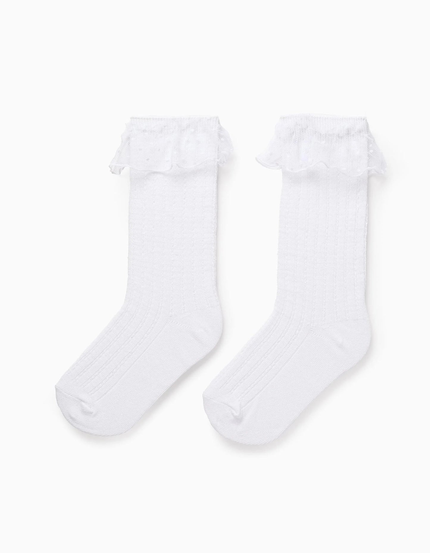 High Socks with Tulle Ruffles for Girls, White