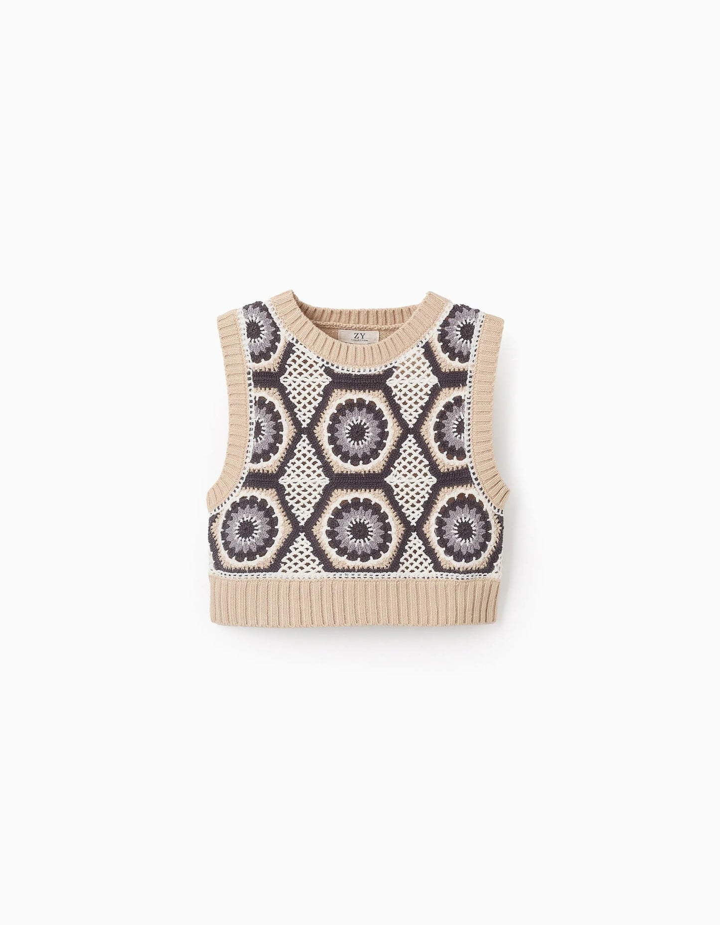 Knitted Gilet with Crochet for Girls, Beige/Grey