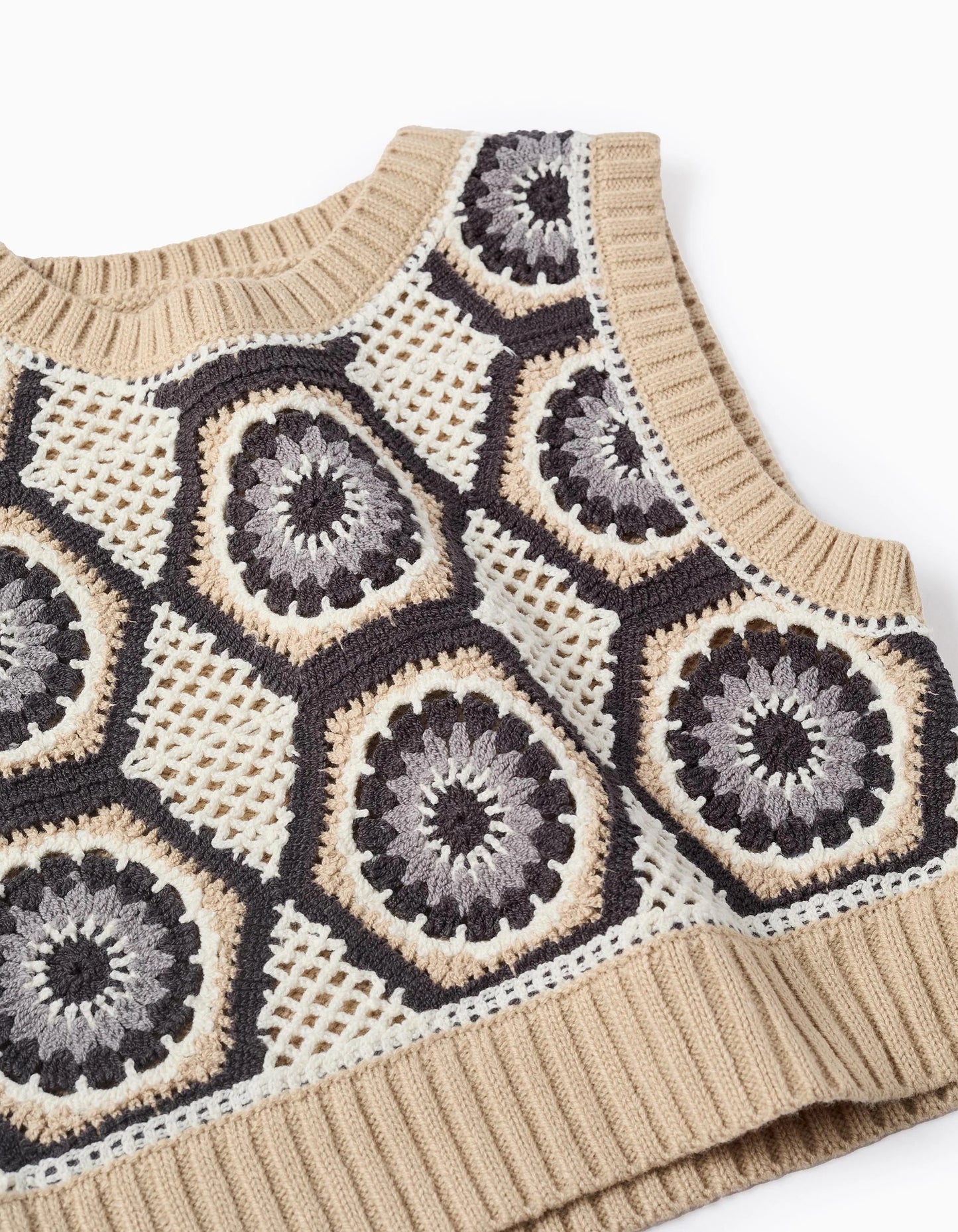 Knitted Gilet with Crochet for Girls, Beige/Grey