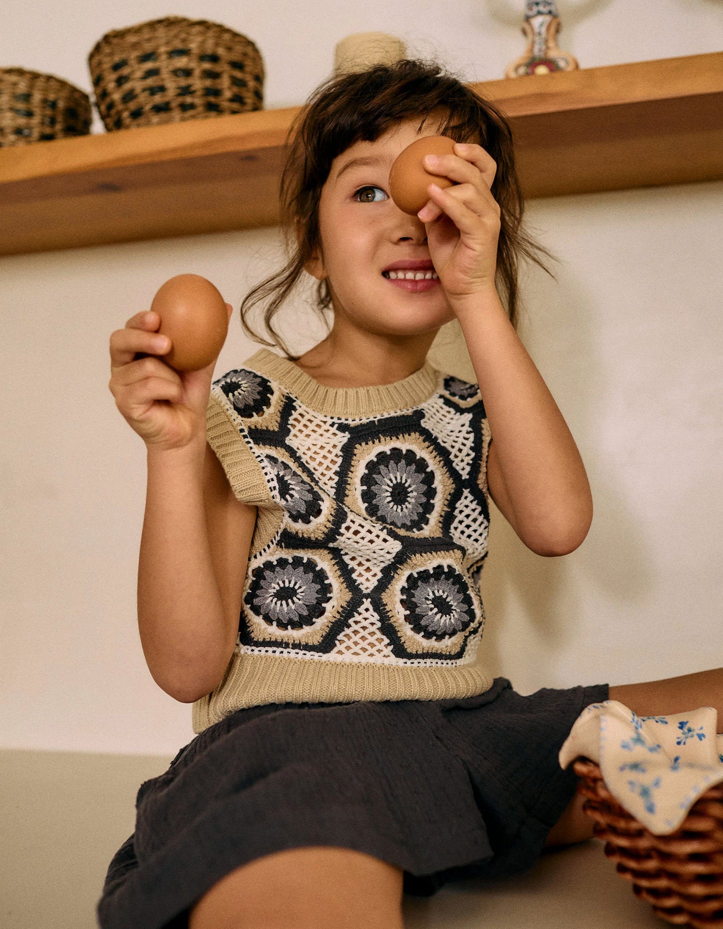 Knitted Gilet with Crochet for Girls, Beige/Grey