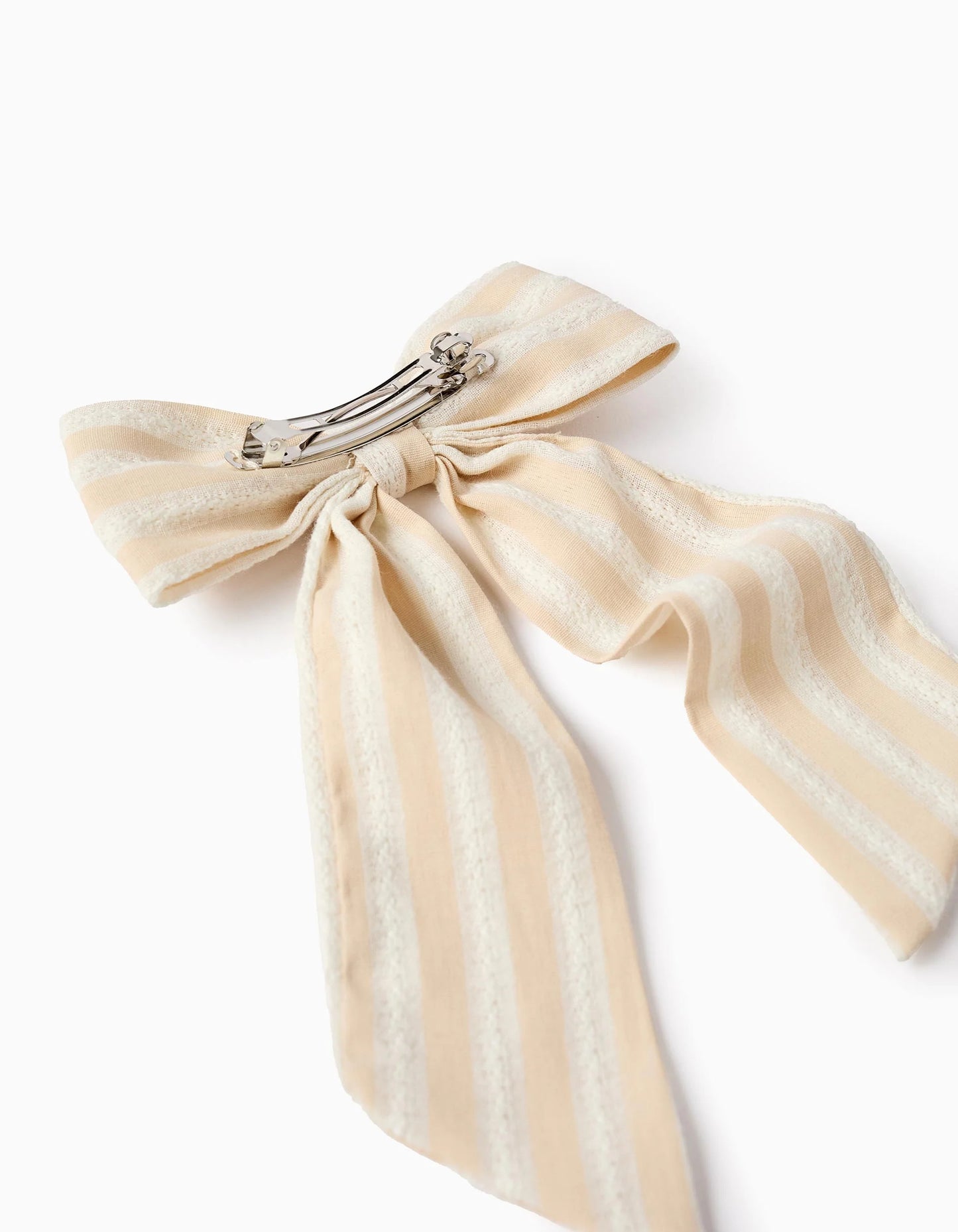 Hair Clip with Long Striped Bow for Baby Girls, White/Beige