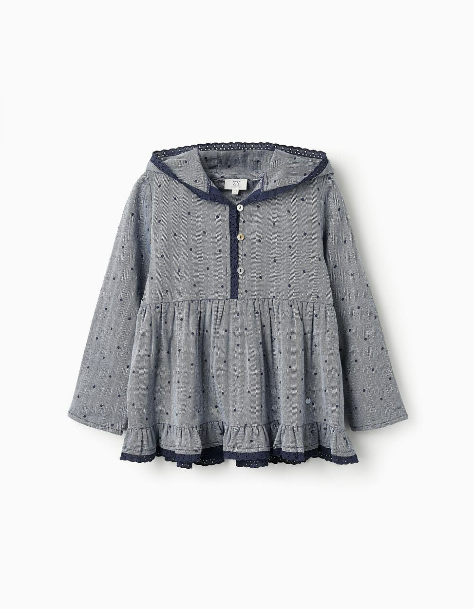 Hooded Shirt with English Embroidery for Girls, Blue