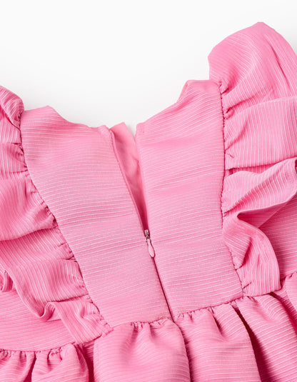 Voluminous Textured Dress with Ruffles for Girls, Pink