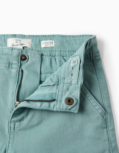 Slim Twill Chino Trousers for Boys, Aqua Green