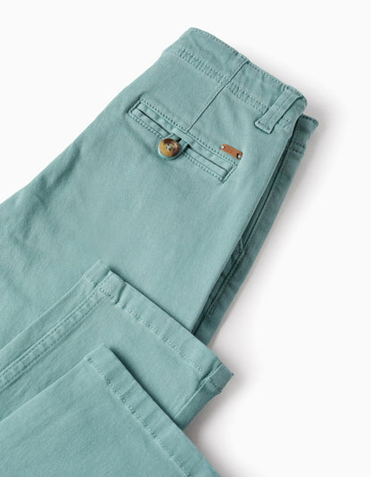 Slim Twill Chino Trousers for Boys, Aqua Green