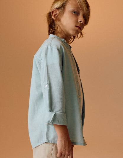 Shirt with Mao Collar and Sleeve Tabs for Boys, Aqua Green