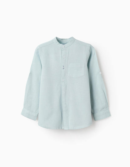 Shirt with Mao Collar and Sleeve Tabs for Boys, Aqua Green