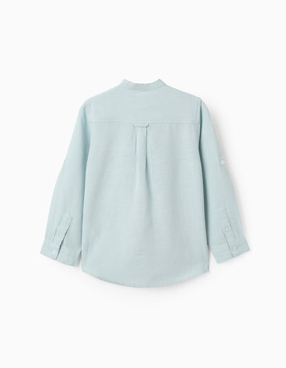 Shirt with Mao Collar and Sleeve Tabs for Boys, Aqua Green