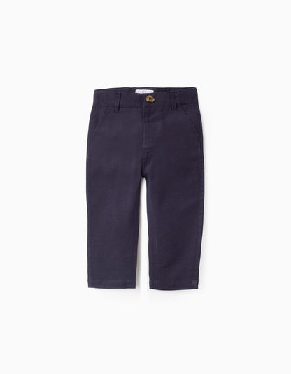 Cotton and Linen Chino Trousers for Baby Boys, Dark Blue
