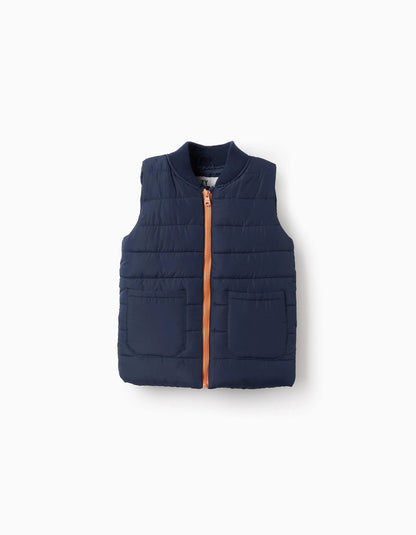 Padded Gilet with Ribbed Collar for Boys, Dark Blue