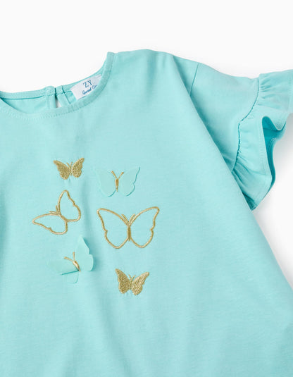 Cotton T-shirt with 3D Butterflies for Girls, Blue