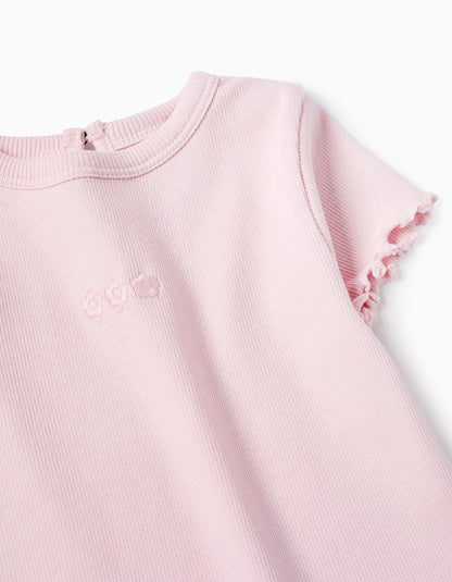 Ribbed T-shirt with Wavy Finish for Baby Girls, Pink