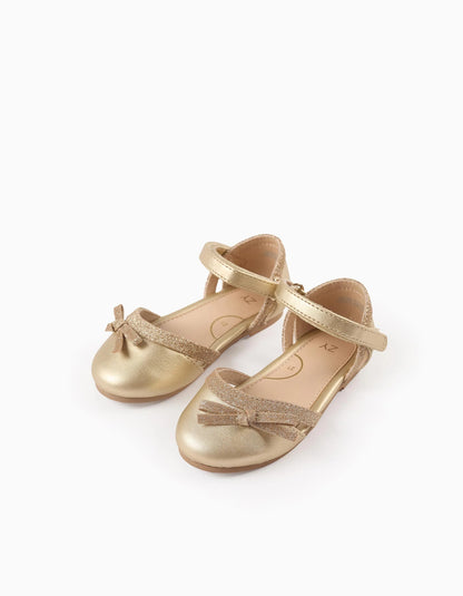 Glitter Ballerina Flats with Bow for Baby Girls, Gold