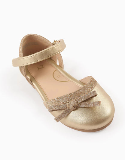 Glitter Ballerina Flats with Bow for Baby Girls, Gold