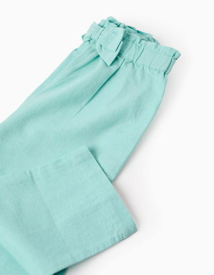 Cotton and Linen Trousers for Baby Girls, Light Blue