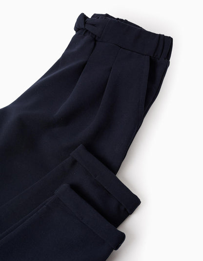 Trousers with Creases and Bow at the Waist for Girls, Dark Blue