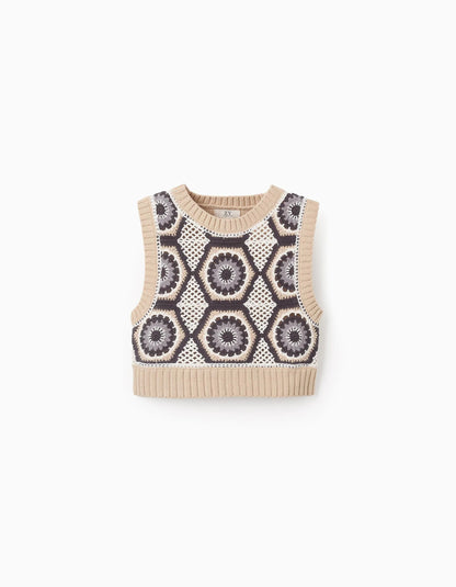 Knitted Gilet with Crochet for Girls, Beige/Grey