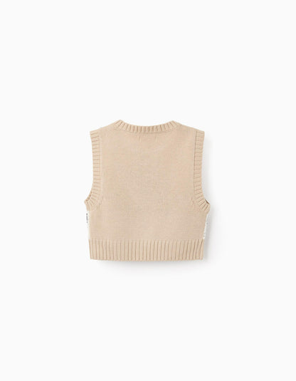 Knitted Gilet with Crochet for Girls, Beige/Grey