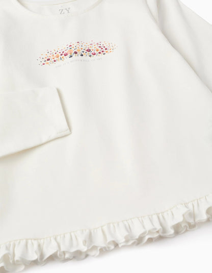 T-shirt with Ruffles and Print for Girls 'Flowers', White