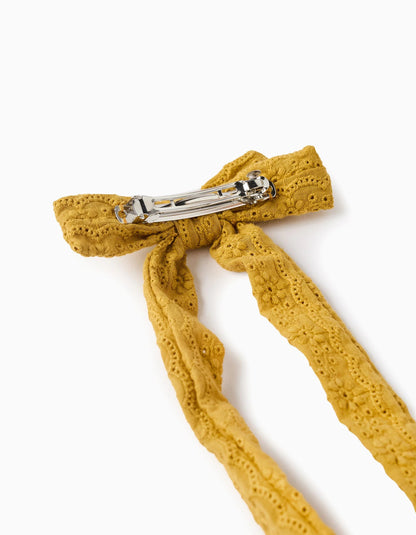 Hair Slide with Long Bow of Broderie Anglaise for Baby and Girls, Yellow