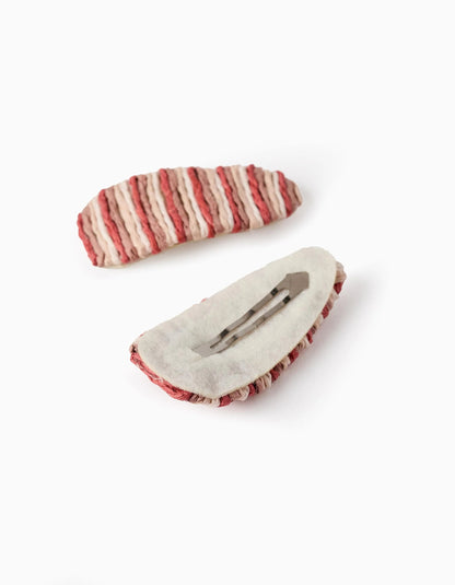 Pack of 2 Striped Hair Clips with Raffia for Babies and Girls, Multicolour