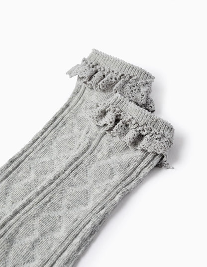 High Socks with Crochet Ruffles for Baby Girls, Grey