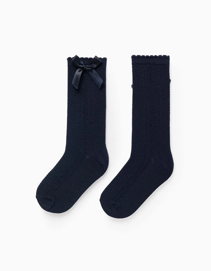 High Socks with Satin Bow for Girls, Dark Blue