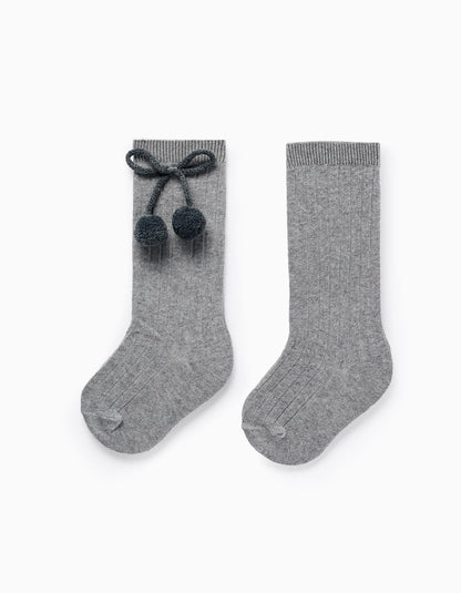 High Socks with Pompons for Baby Girls, Grey